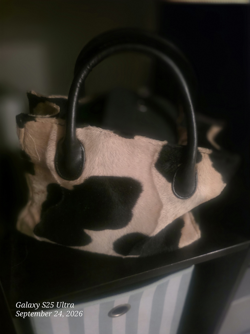 Cowhide Print Small Handbag with Black Handles
